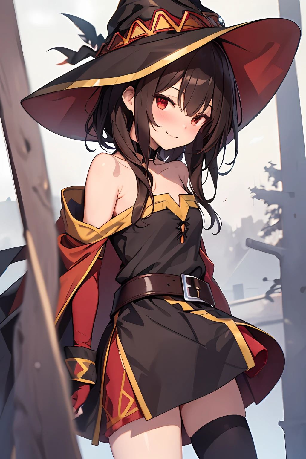 Megumin, Verrückter Zauberer, 1 Mädchen, Allein, Hexen Hut, braune Haare, Lange kurze Haare, rote Augen, erröten, böses Lächeln, schwarzes Halsband, Schlüsselbein, FLACHE BRUST, Off-Shoulder-Kleid, rotes Kleid, Brauner Umhang, lange Ärmel, schwarze Handschuhe, fingerlose Handschuhe, brauner Gürtel, Goldbesatz, (Asymmetrische Beine: 1.4), Unübertroffene Beinbekleidung, (bandagierte Beine: 1.3), schwarze Oberschenkel, (Arme hinter dem Rücken: 1.3), Einfacher Hintergrund, gute Qualität, Hohe Auflösung. ((draußen)), präsentierende Achselhöhle, Brustwarzen