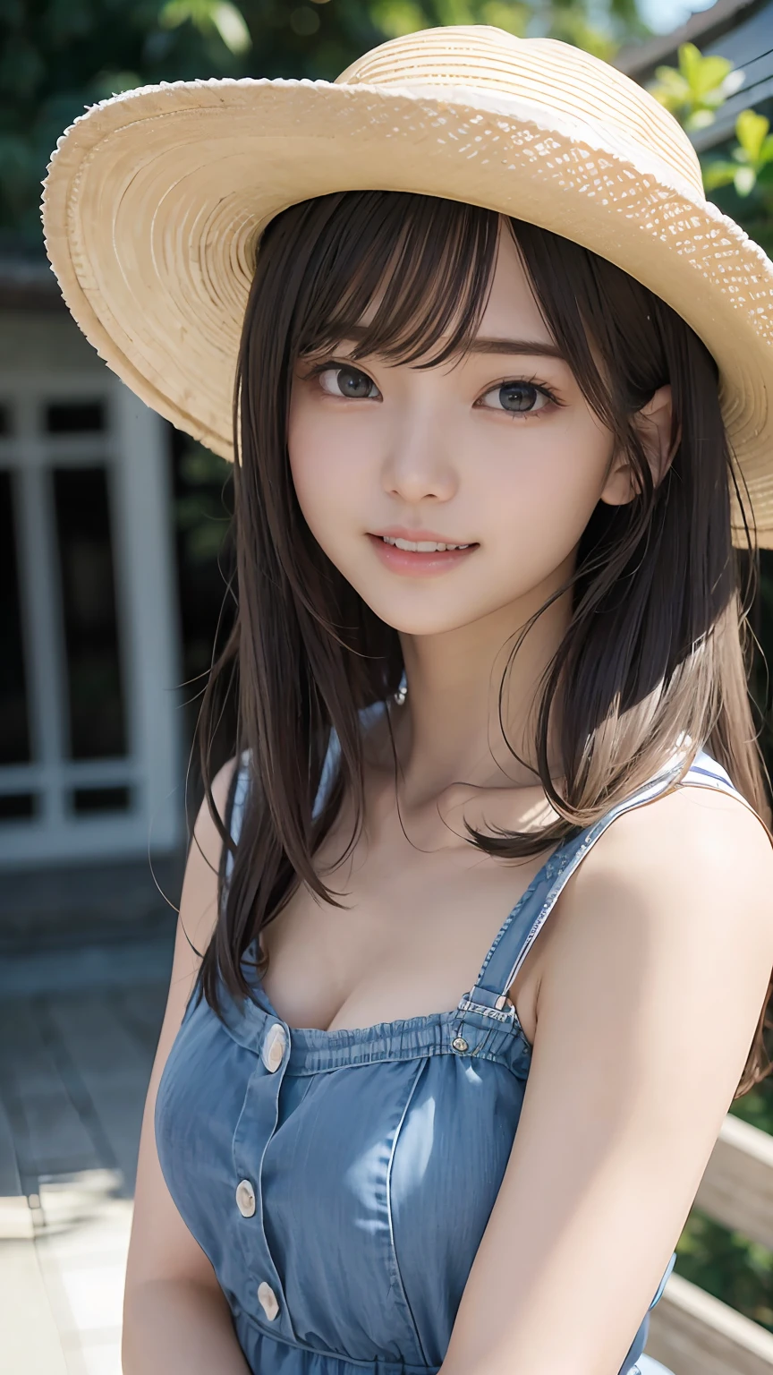 Multi-angle、top-quality、(((cowboy  shot)))、((Facing straight ahead))、Bust Focus、Soft light、(depth of fields)、超A high resolution、(Photorealsitic:1.4)、Raw photography、ambient occlusion、a straw fedora hat、((17 age))、((a small face))、ren、1girl in, Swollen eyes、(Dark blonde hair：1)solo, (A smile:1.2), (dark brown eyes,catchlight), Fine skin, Tube top、(excellent、​masterpiece)、1girl in、beautidful eyes、Harmonious facial features、​masterpiece, The highest image quality, hightquality, beautiful a girl, japanes, Japan , detaileds, A detailed eye, Detailed skin, Beautiful skins, 超A high resolution, (Realistic:1.4)、Beautiful skins, (Dark blonde hair:1)、Longhaire、Pattsun bangs、 (A hyper-realistic), (illustratio), (hight resolution), (8K), (ighly detailed), (The best illustrations), (beautifully detailed eyes), (Ultra-detail), (wall-paper), (Detailed face), looking at the viewers, finely detail、A detailed face、pureerosfaceace_v1、A smile、((Opening Mouth：1.2))、((Show your teeth and smile))、Looking straight ahead、Looking straight ahead、angle from waist up、photos realistic、Bright lighting、profetional lighting、17 age、