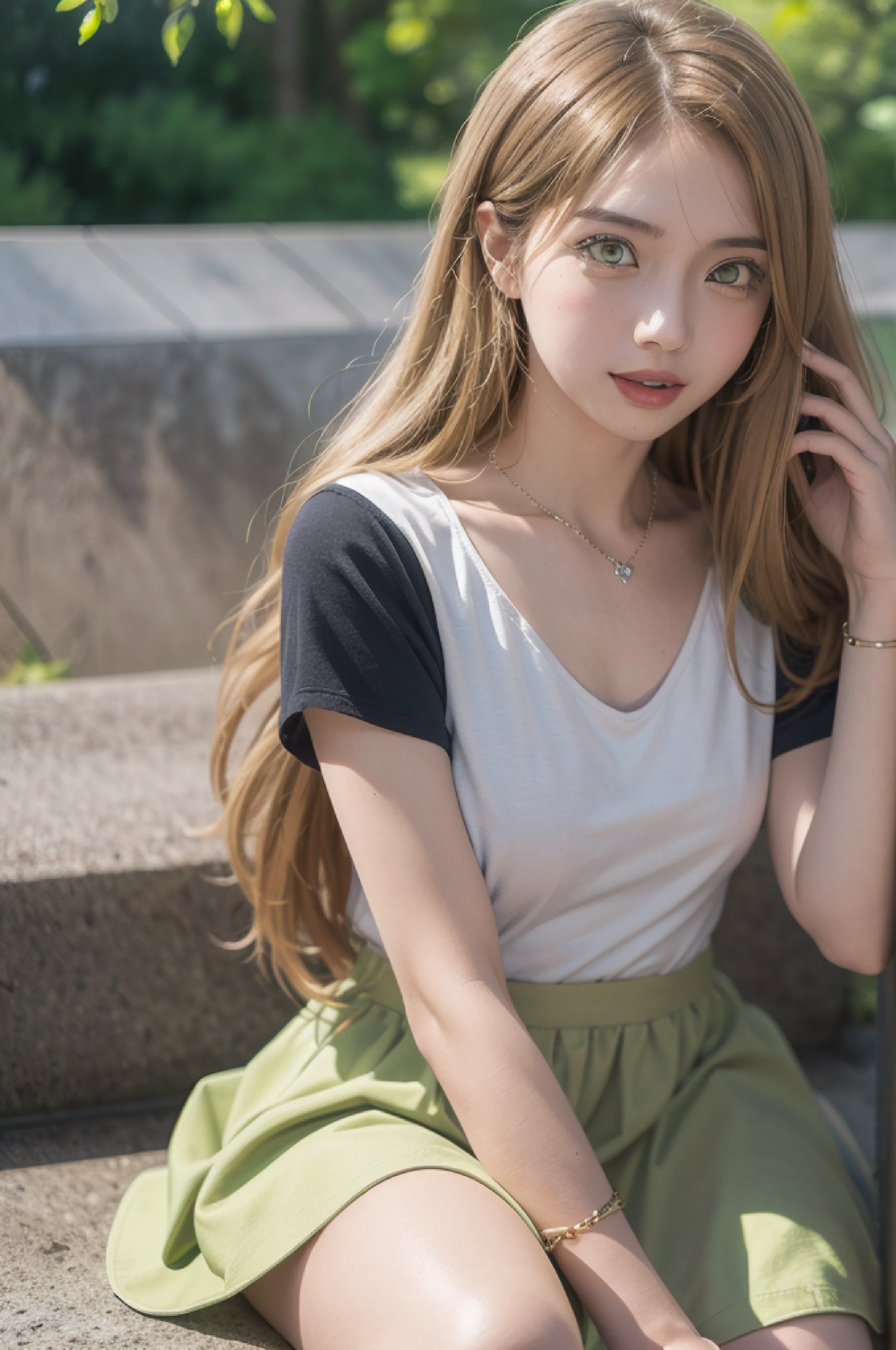 4k, raw camera, highres, detailed, masterpiece, portrait, aesthetic, beautiful, best quality, highly detaile, best quality clothing, aesthetic clothings, professional angle, rule of thirds, Feminine, delicate, beautiful, 19 years, attractive, solo, 1 girl, (Akane Kinoshita), (In the Park), (Upper Body), ((Front)), ( People in the Background), ((Very Happy)), (Long Hair, very Blonde Hair, Very Straight Hair, Shiny Hair Hair, - in hair), (Open Eyes, Light Green Eyes, Black Eyeliner Eyes, Cheerful Gaze), Soft Skin, (Flushed), ((Sitting)), -, Beautiful Bracelet, (Half Open Mouth), (Natural Lips), (Small Breast), ((Arms Down)), ((casual shirt), Skirt , - , (High Quality Clothing), (- Neckline), beautiful body, beautiful eyes, shiny eyes, shiny hair, beautiful mouth, beautiful lips, beautiful face