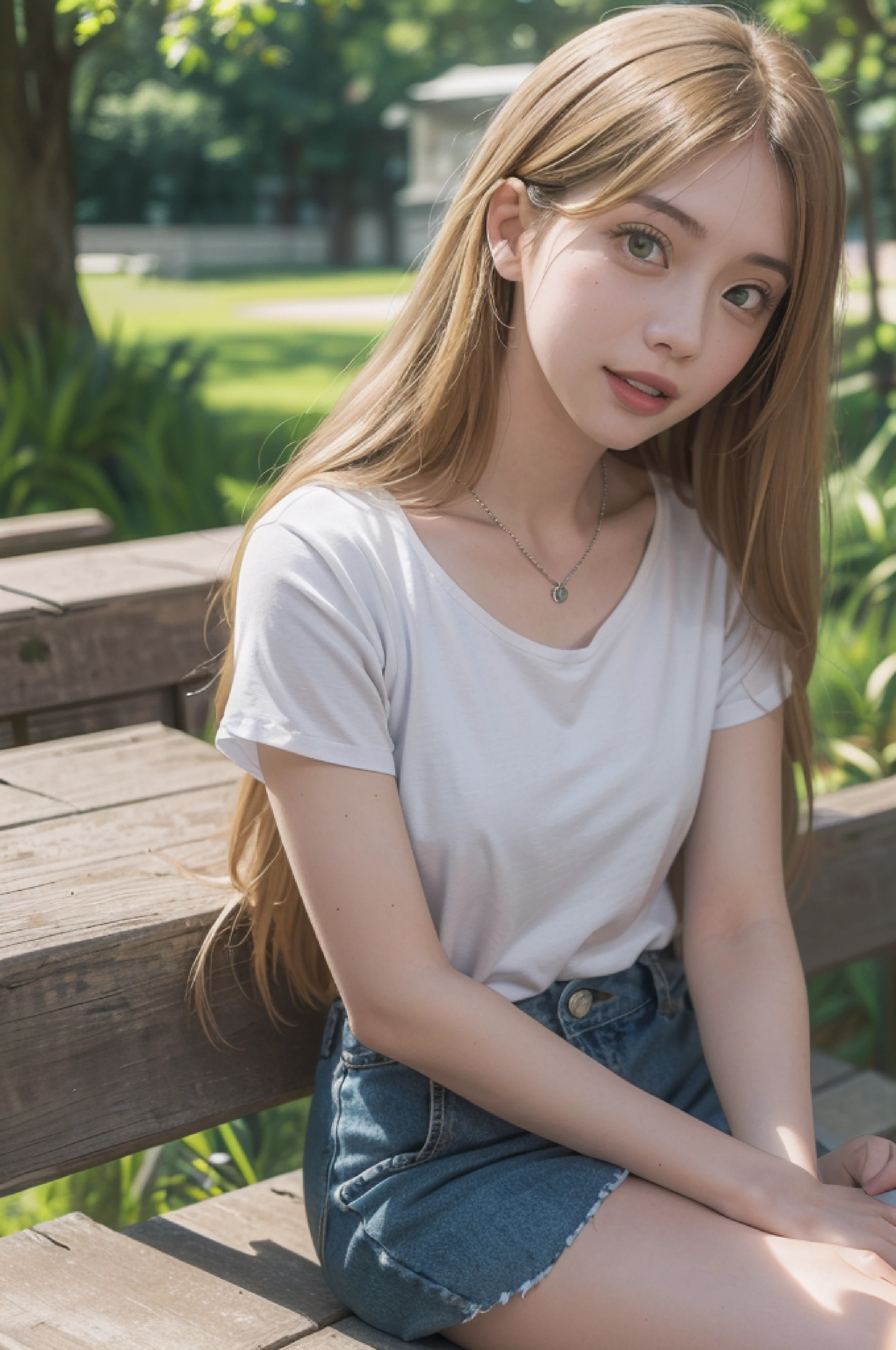 4k, raw camera, highres, detailed, masterpiece, portrait, aesthetic, beautiful, best quality, highly detaile, best quality clothing, aesthetic clothings, professional angle, rule of thirds, Feminine, delicate, beautiful, 19 years, attractive, solo, 1 girl, (Akane Kinoshita), (In the Park), (Upper Body), ((Front)), ( People in the Background), ((Very Happy)), (Long Hair, very Blonde Hair, Very Straight Hair, Shiny Hair Hair, - in hair), (Open Eyes, Light Green Eyes, Black Eyeliner Eyes, Cheerful Gaze), Soft Skin, (Flushed), ((Sitting)), -, Beautiful Bracelet, (Half Open Mouth), (Natural Lips), (Small Breast), ((Arms Down)), ((casual shirt), Skirt , - , (High Quality Clothing), (- Neckline), beautiful body, beautiful eyes, shiny eyes, shiny hair, beautiful mouth, beautiful lips, beautiful face