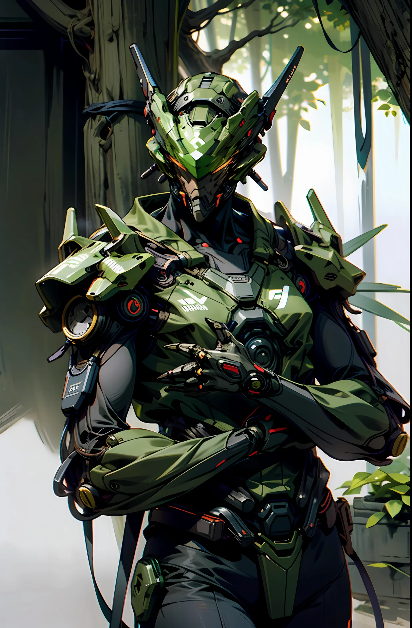 Dark_Fantasy,Cyberpunk,1man,Mechanical ,Robotic ,cyborg, ninja, octane render, (((stealth))), forest background, camoflague