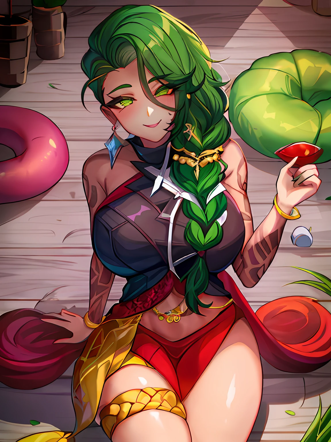 with bunny outfit, heaven, fild, gram, samira \(League of Legends\), League of Legends, 1girl, jewelly, tatoo, eye patche, aretes, greeneyes, pigtail, long hair, darkskin, mitts, armour, へそ, bracelet, labia, Hair over the shoulder, ssmile, gazing at viewer, arm tattoo.