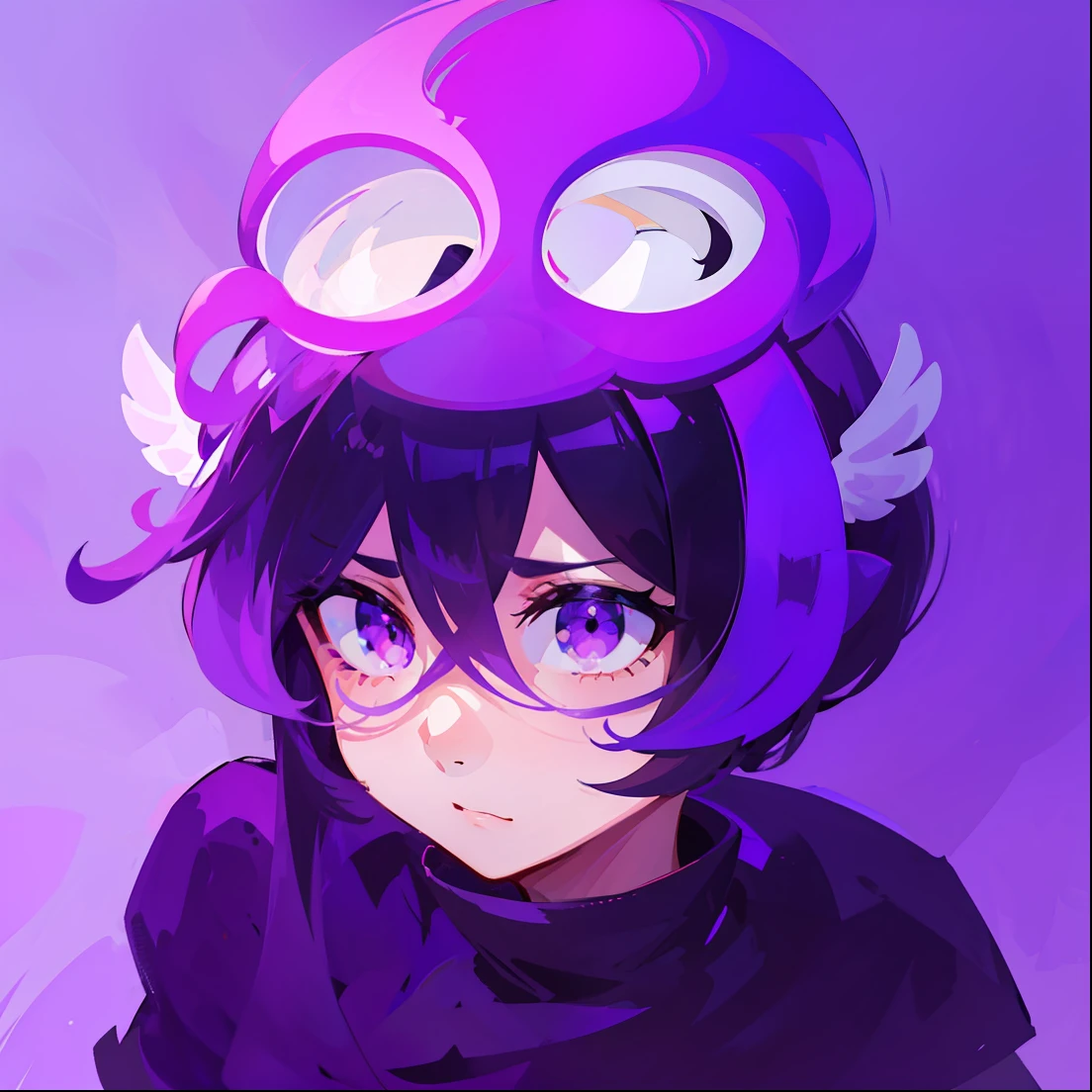 menino,face shy,grandes copos redondos,gradiente,fundo gradiente,fundo roxo,mid hair,cabelo entre os olhos,small white wings on both heads,olhando para o espectador,Beautiful purple squid on head with tentacles complementing her hair,roxo olhos grandes,