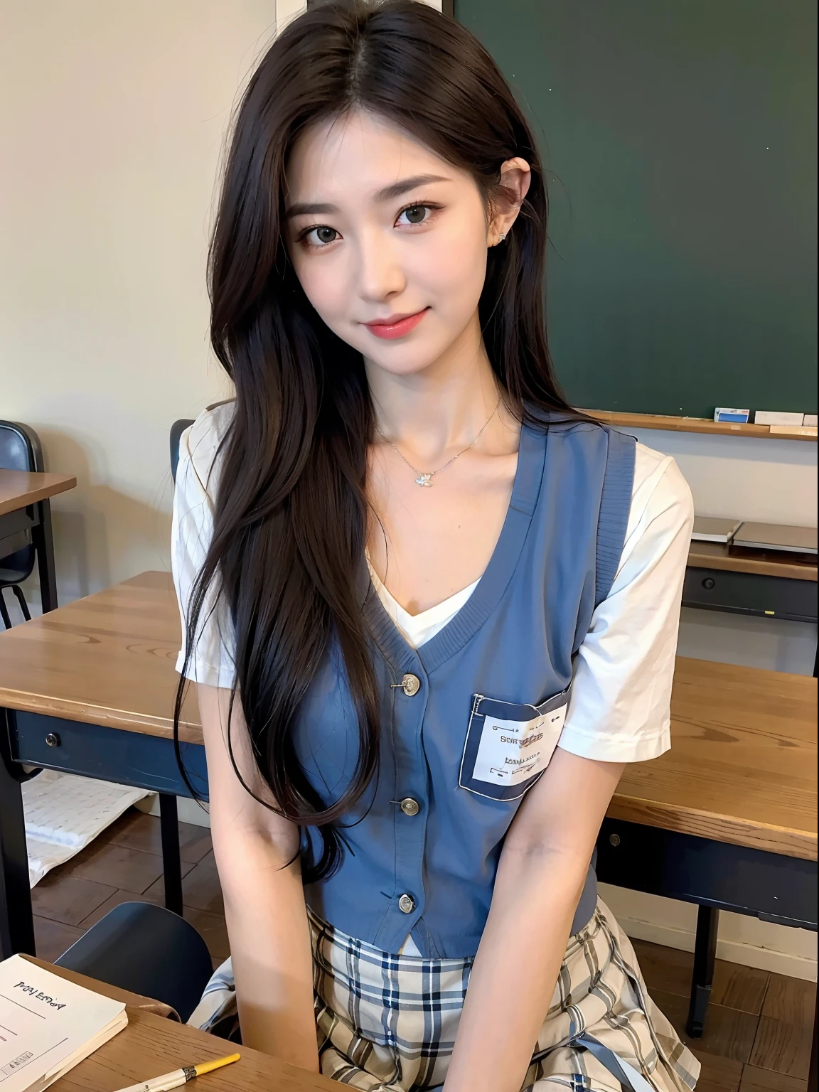 (((medium hair))), best quality, 8K, HDR, highres, absurdres:1.2, blurry background, bokeh:1.2, Photography, (RAW photo:1.2), (photorealistic:1.4), (masterpiece:1.3), (intricate details:1.2), 1girl, solo, japanese girl, delicate, beautiful detailed, (detailed eyes), (detailed facial features), , (((small breasts))), skin tight, (looking_at_viewer), from_front, (skinny), (best quality:1.4), (ultra highres:1.2), cinema light, (extreme detailed illustration), (lipgloss, best quality, ultra highres, depth of field, caustics, Broad lighting, natural shading, 85mm, f/1.4, ISO 200, 1/160s:0.75),1girl, solo, (((blue vest))) smile, ((school uniform, pleated  skirt with checker pattern, classroom))