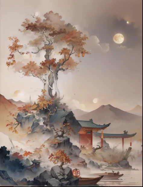 ancient chinese landscapes，ancient buildings，pavilions，carved beams and paintings，enchanting scenery，night，moon light，layered, r...