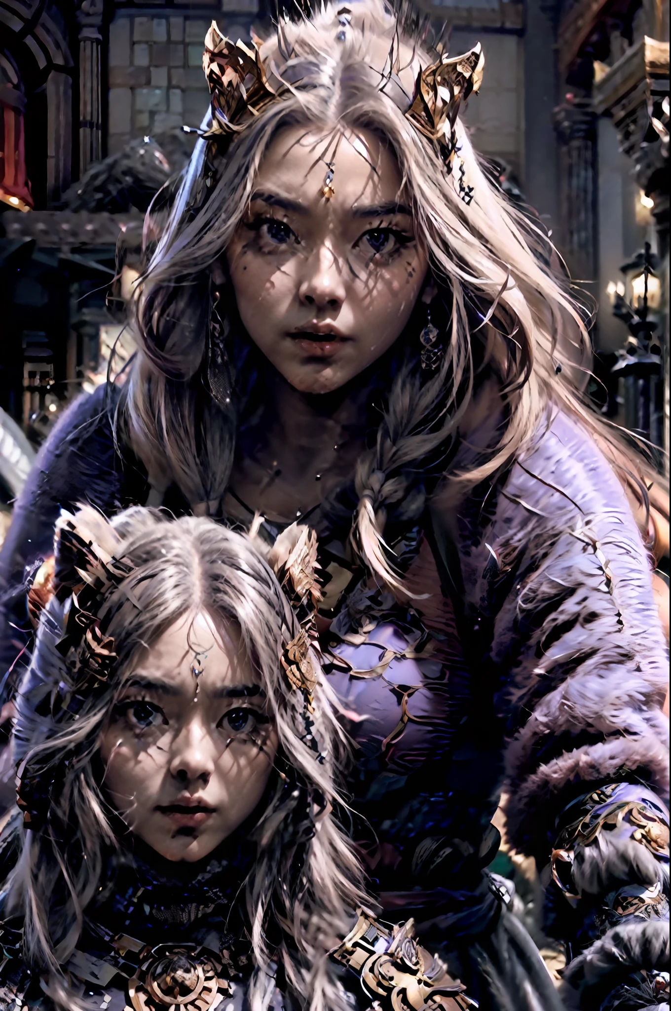 ((masterpiece))), (((best quality))), ((ultra-detailed)), (hyperrealistic), (highly detailed CG illustration), cinematic light, photorealistic ,extremely beautiful young lady, (beautiful face and lips), light makeup, big breast,  intricate purple eaba, purple cape, spear, trending on artstation.