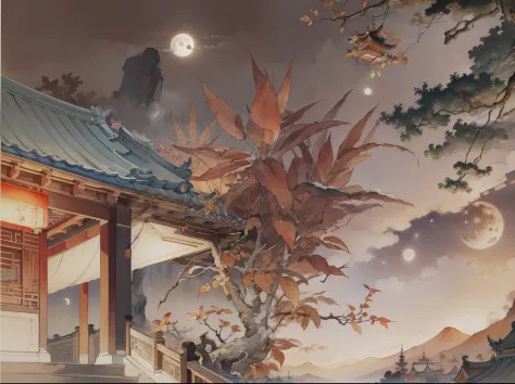 Ancient Chinese landscapes，Ancient buildings，Pavilions，Carved beams and paintings，enchanting scenery，Night，Moon light，Layered, Rich light and shadow,Mid-Autumn Festival, Ink painting style，clean color，Low-saturation colors，Colors of low brightness，Decisive...