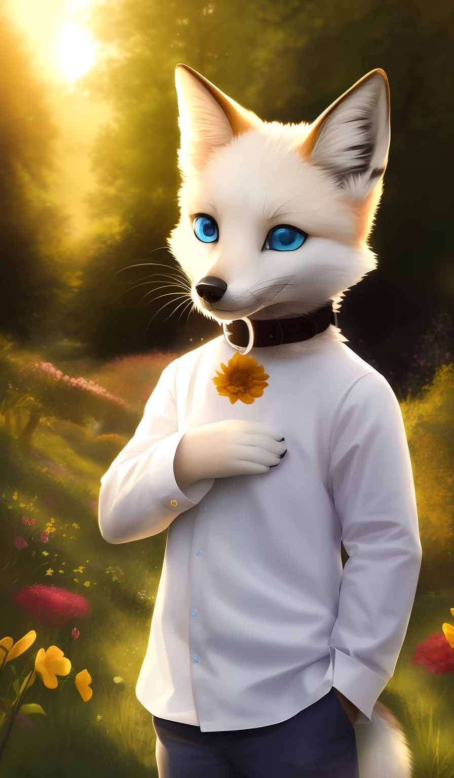 , mammal, canid, canine, clothing, white body, blue eyes, fur, ambiguous gender, plant, white fur, black nose, outside, anthro, canis, tree, fox, inner ear fluff, whiskers, clothed, hi res, solo, tuft, young, detailed background, looking at viewer, collar, standing, flower