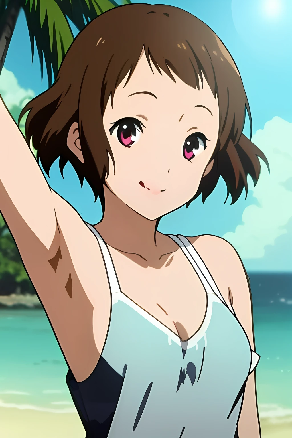 Anime girl in a tank top standing on a beach with palm trees - SeaArt AI