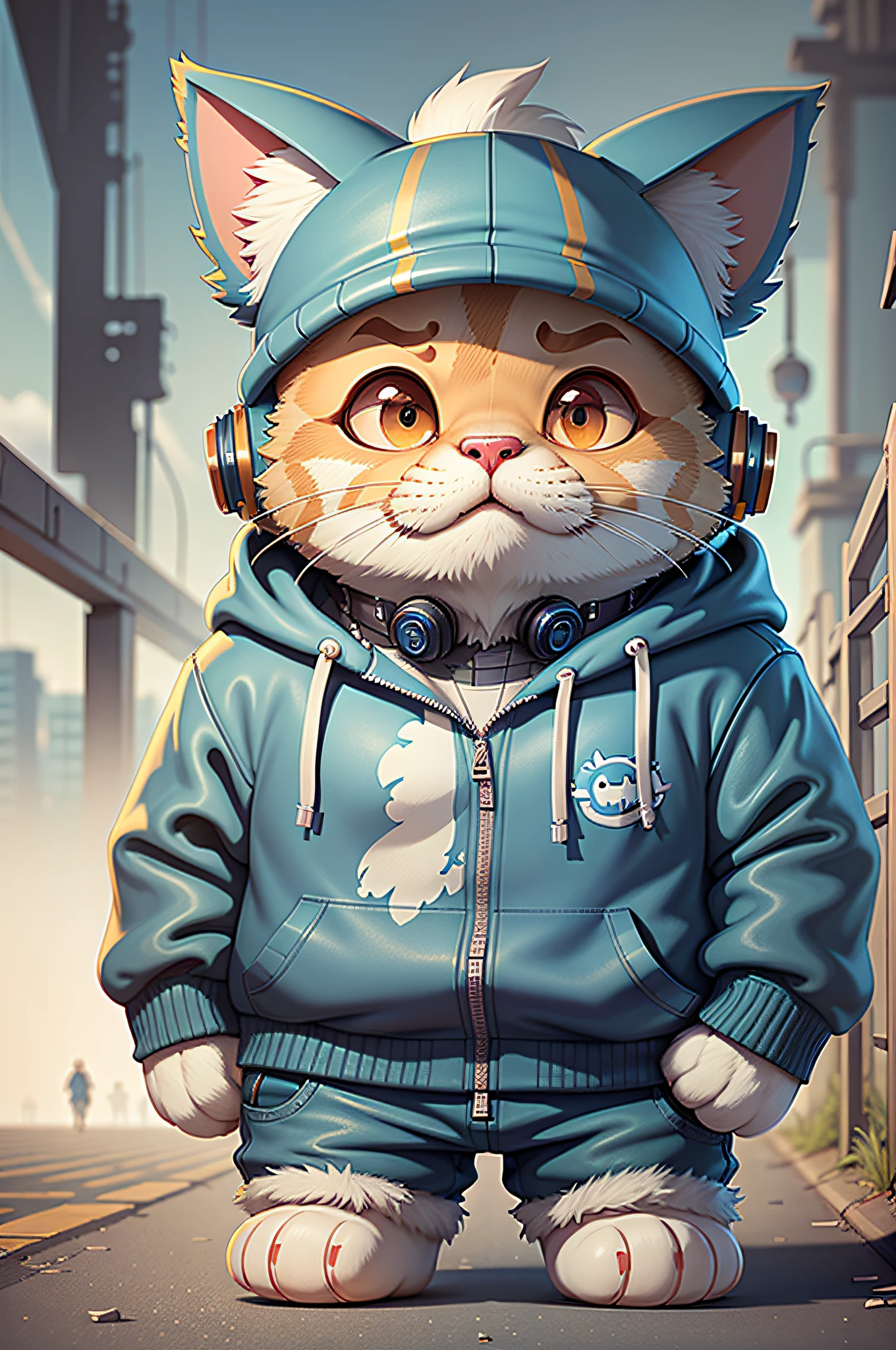 c4tt4stic，A cartoon cat wearing headphones and a blue jacket，Attentive eyes ,fur, challenger, agile, engaging, Stylish sportswear,nylon, Fast paws,walking at street, (Tokyo Night Street Background 2021),masterpiece, best quality, ultra-detailed,8k wallpaper,Hyper-Resolution， Unreal 5