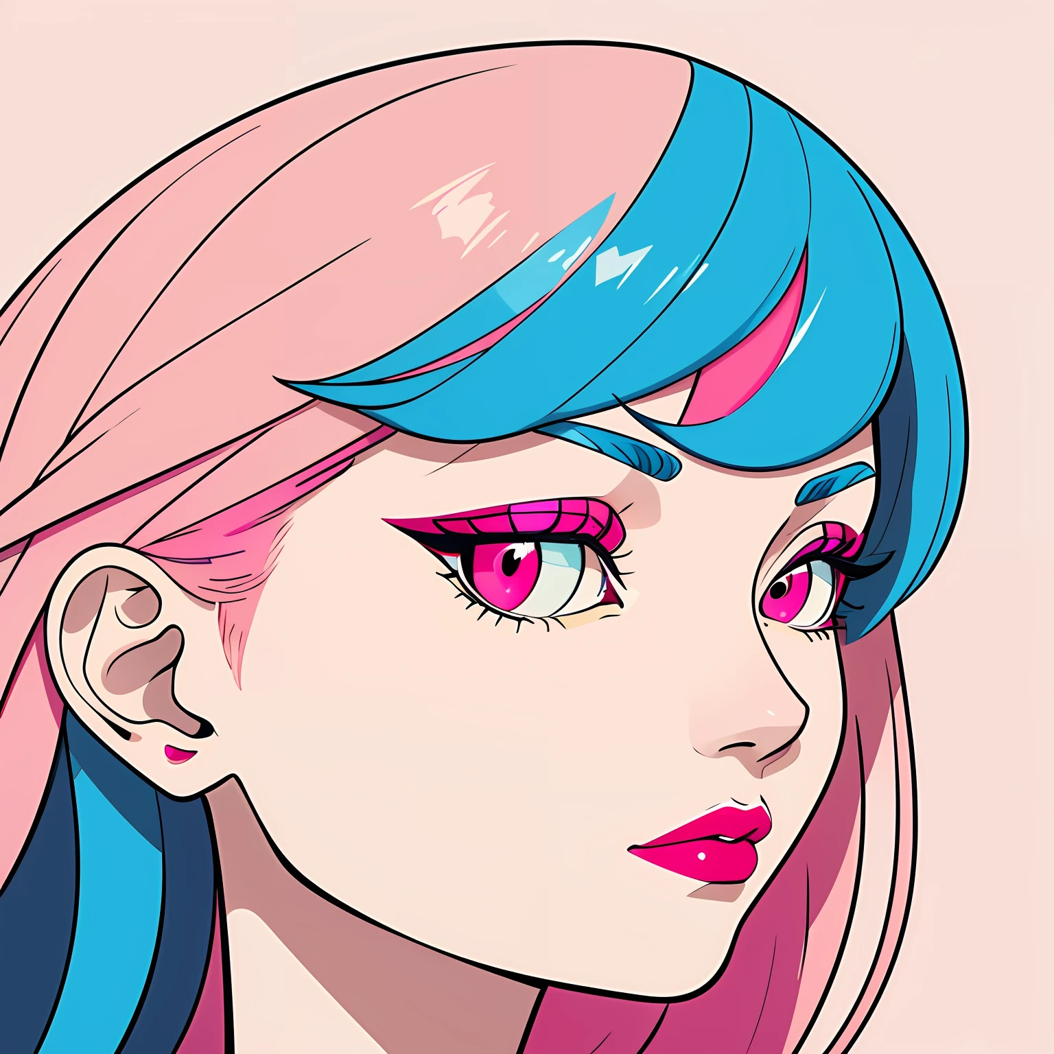 profile, deformed background, (flat color), solo, close-up face, (illustration), many layers, limited tone, isometric, dribbble style illustration, vivid pink hair, clear eyes,