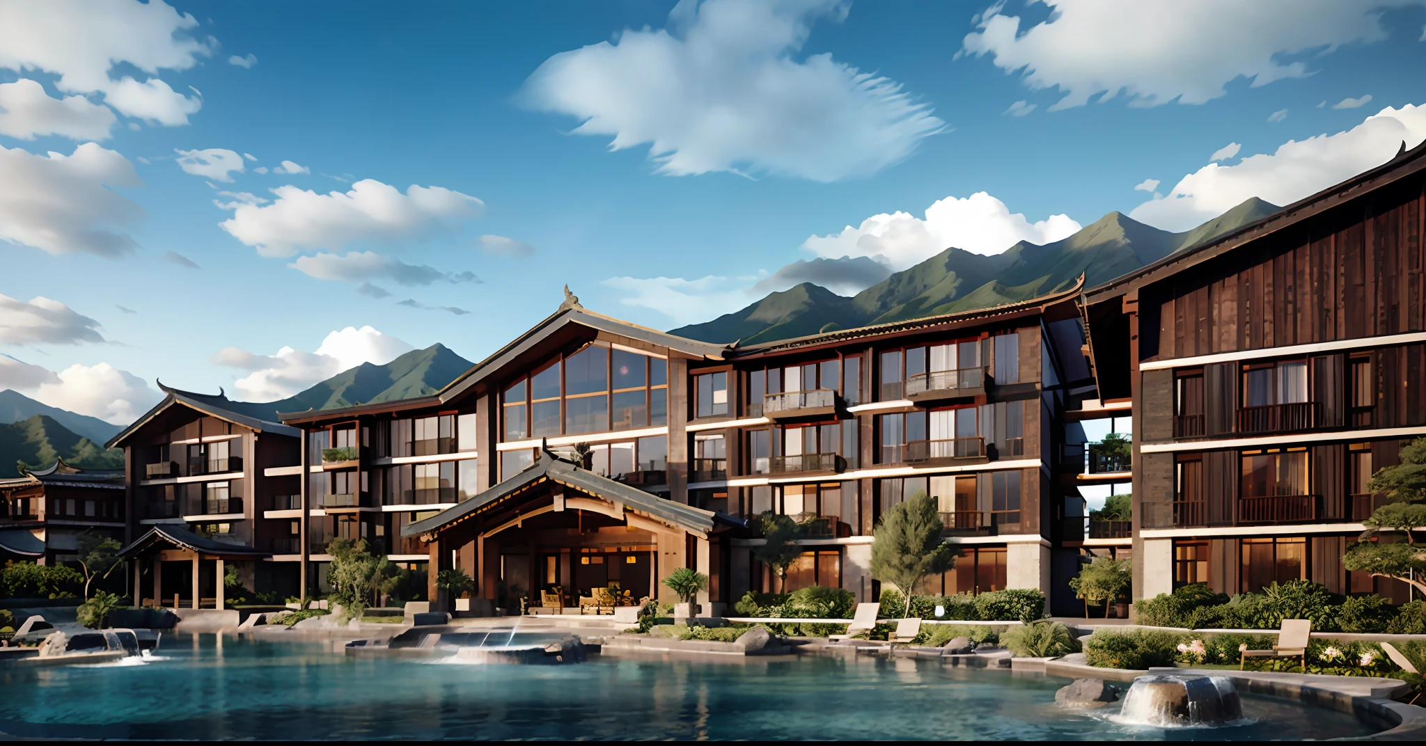 Lijiang，4 star hotel，（tmasterpiece，Asian perspective，ssee-through，Three layers，Open balcony，Open space，Lots of balconies，Lots of windows），A fusion of modern and vernacular architecture，Wood and stone，The roof has curves and warping angles，realistic cgi render，archviz，Flowers and trees，with blue sky and white clouds