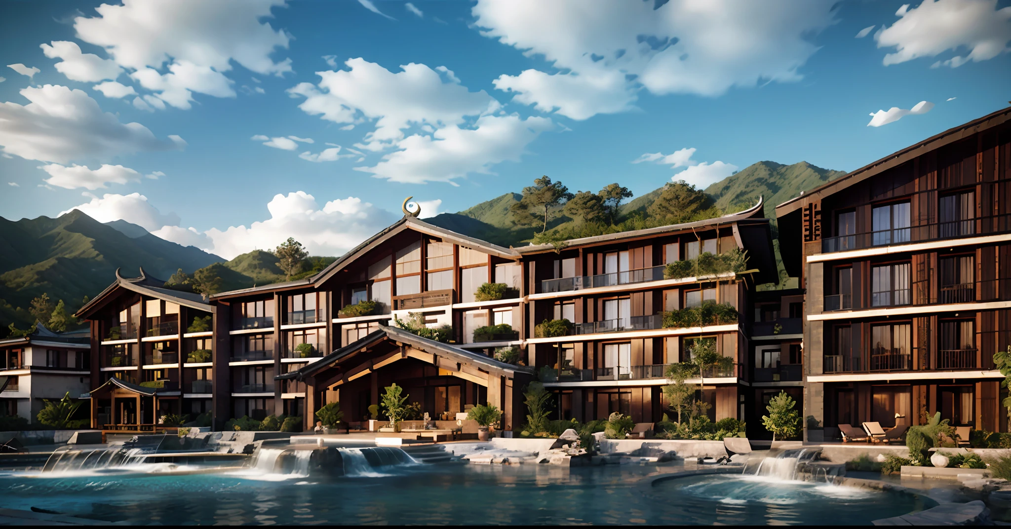 Lijiang，4 star hotel，（tmasterpiece，Asian perspective，ssee-through，Three layers，Open balcony，Open space，Lots of balconies，Lots of windows），A fusion of modern and vernacular architecture，Wood and stone，The roof has curves and warping angles，realistic cgi render，archviz，Flowers and trees，with blue sky and white clouds