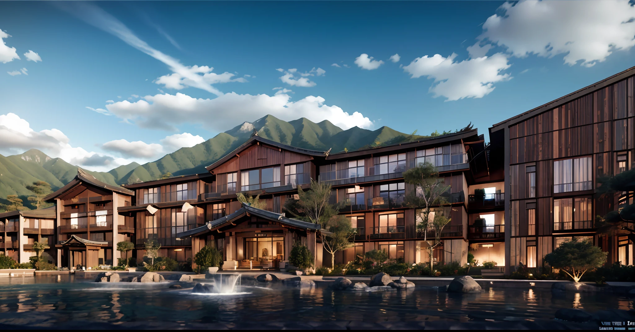 Lijiang，4 star hotel，（tmasterpiece，Asian perspective，ssee-through，Three layers，Open balcony，Open space，Lots of balconies，Lots of windows），A fusion of modern and vernacular architecture，Wood and stone，The roof has curves and warping angles，realistic cgi render，archviz，Flowers and trees，with blue sky and white clouds