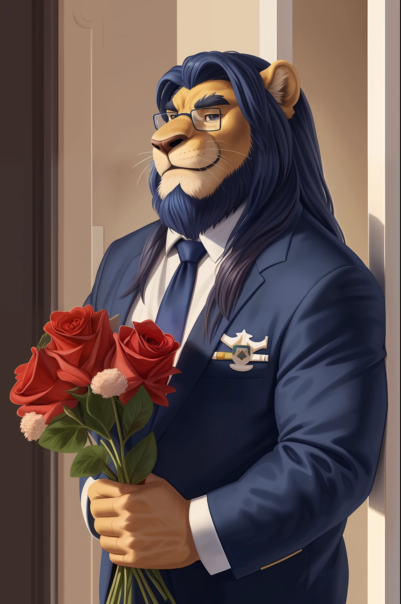 old chubby lion, accessory, anthro, glasses, (navy blue long hair:1.3), seductive look, bedroom eyes, looking at viewer, facial hair, inside, indoors, entering house, bouquet,  clothing, countershading, flower, rose bouquet,holding bouquet, holding flower, holding object, male, mane, petals, pockets, rose, smile, solo, business suit,  (hi res, best quality, high quality, detailed, shaded, shading, masterpiece:),(by rossciaco, by adios)