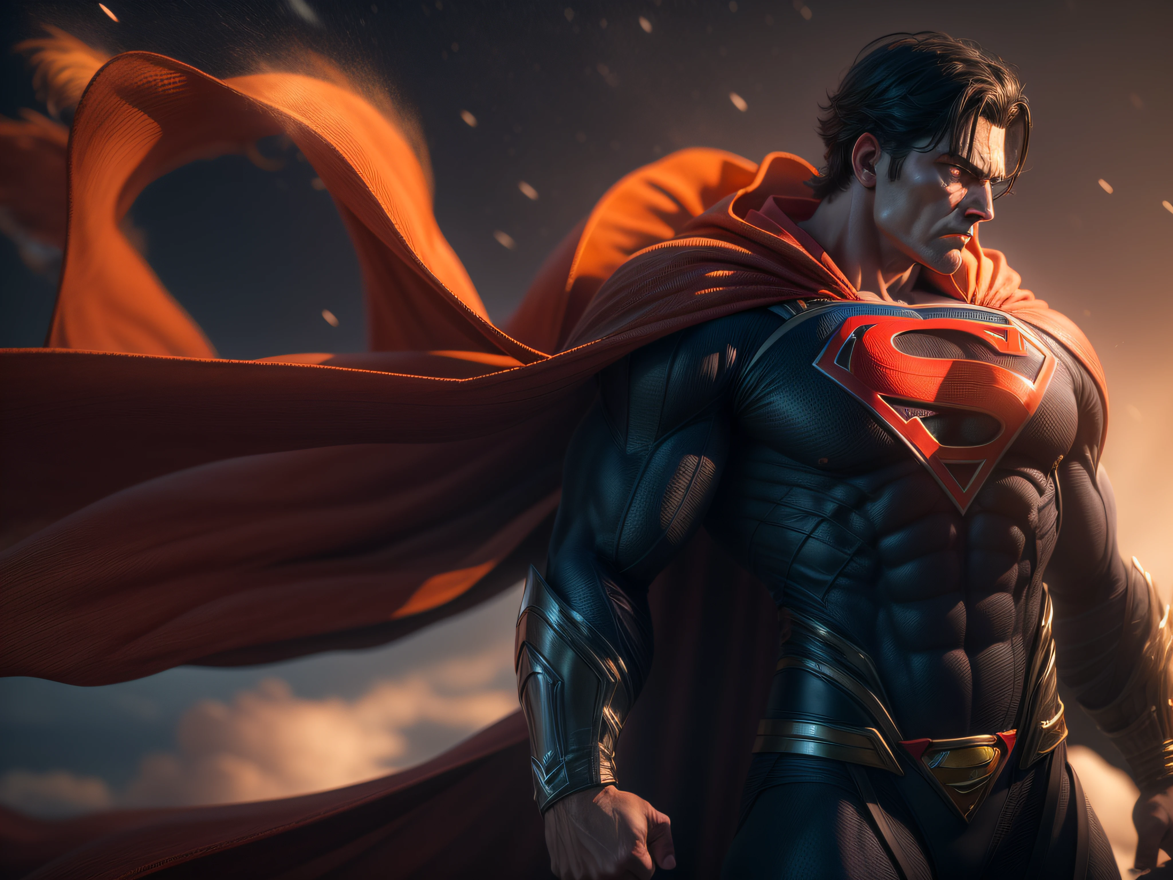 Close a powerful threat, The imposing appearance of the mighty Superman dressed in orange uniform, menacing stare, ricamente detalhado, Hiper realista, 3D-rendering, obra-prima, NVIDIA, RTX, ray-traced, Bokeh, Night sky with a huge and beautiful full moon, estrelas brilhando, 8k,