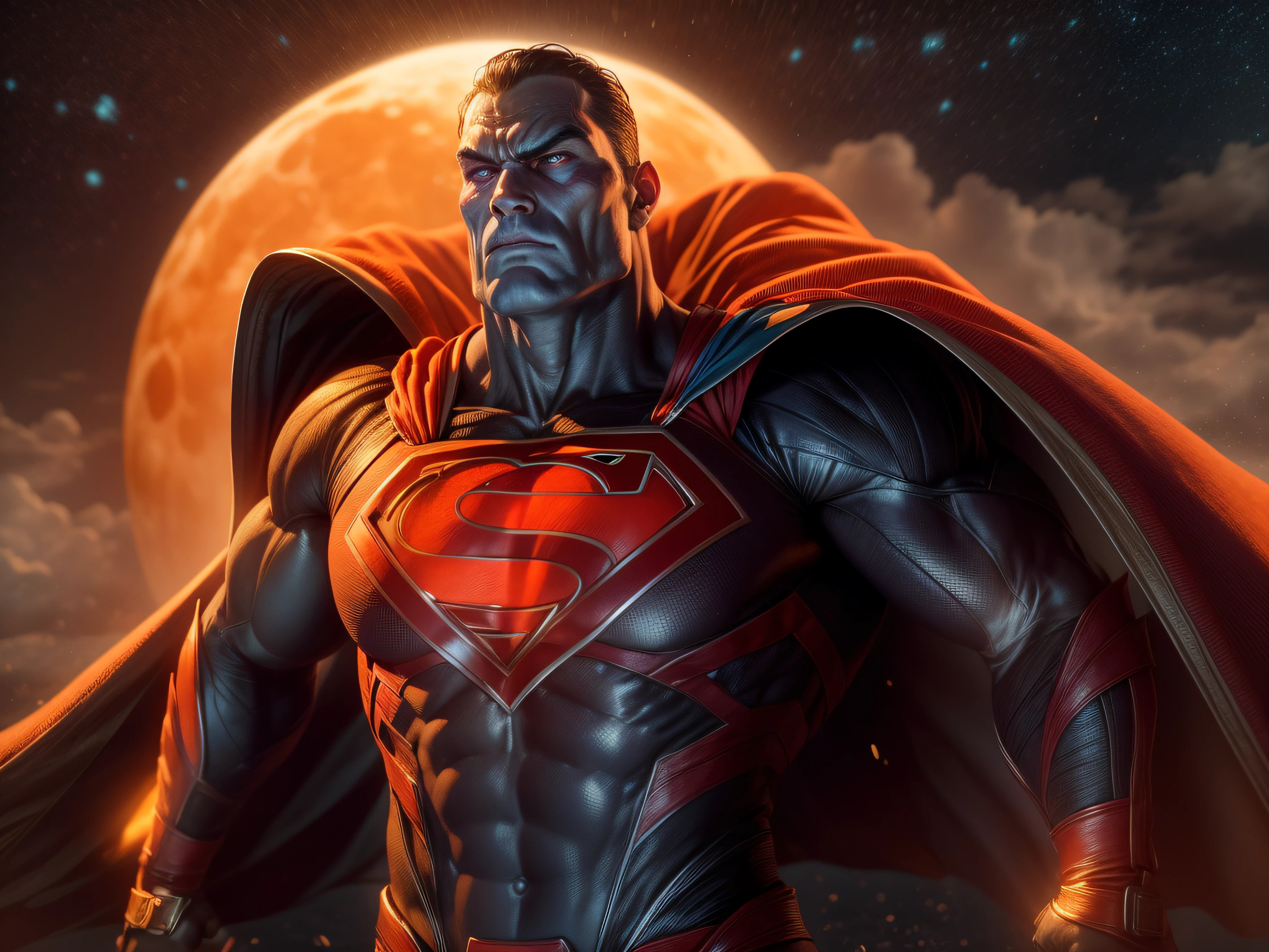 Close a powerful threat, The imposing appearance of the mighty Superman dressed in orange uniform, menacing stare, ricamente detalhado, Hiper realista, 3D-rendering, obra-prima, NVIDIA, RTX, ray-traced, Bokeh, Night sky with a huge and beautiful full moon, estrelas brilhando, 8k,