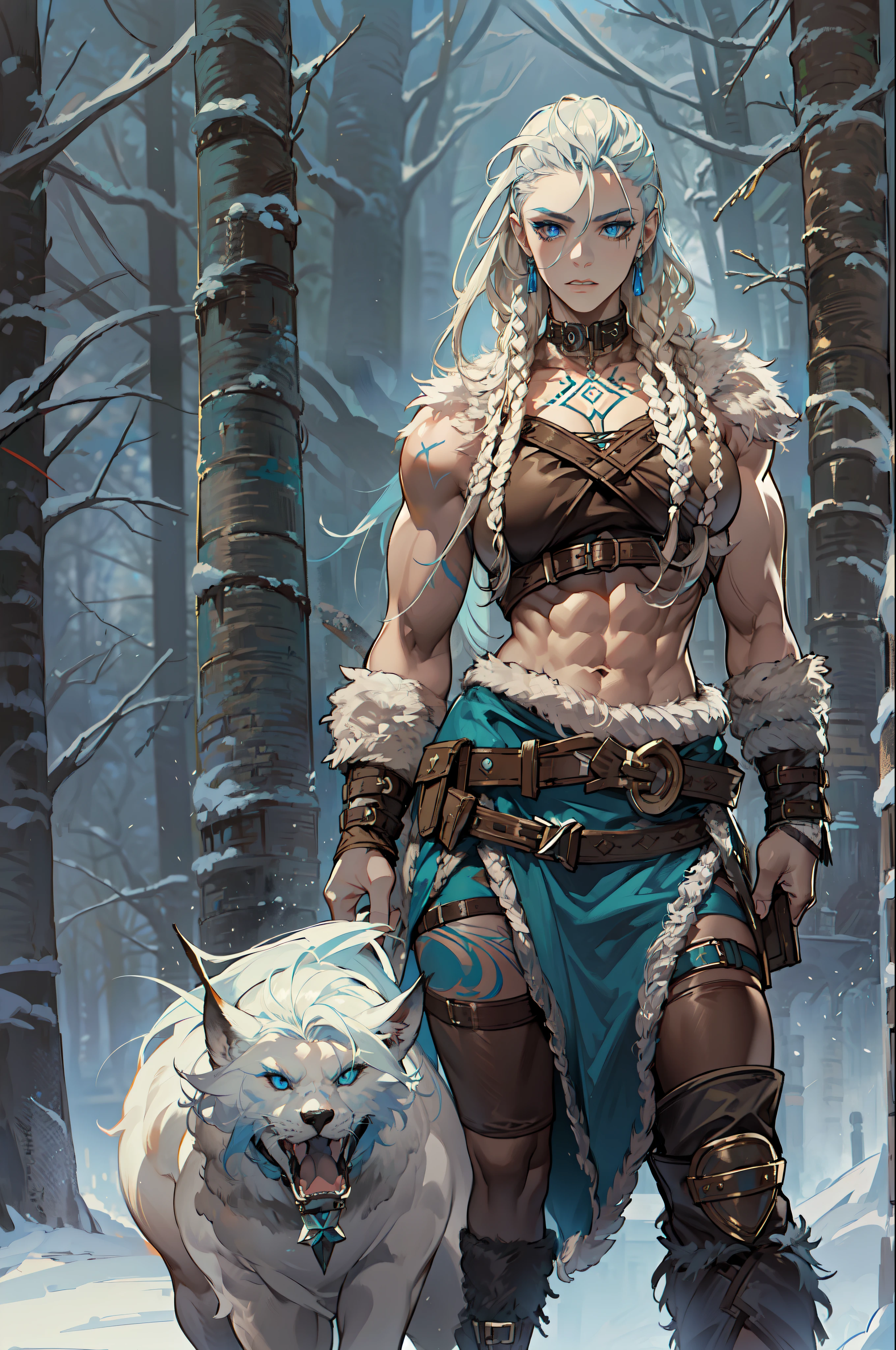 solo Femme viking, (jeune:1.2), (musclé:1.2), ajuster, porter des fourrures et des peaux brunes, (porter des fourrures:1.3) (blue norrois tattoos:1.2), yeux bleus, Cheveux blond platine, (dreadlocks:1.7), (redoute:1.4), (Rasage latéral:1.6), cheveux de guerrier, Le décor est une forêt scandinave en hiver, neige, bras nus, navale exposée, (abdos:1.2). très détaillé, norrois, berserker, muscles des bras, muscles des jambes, (volumineux:1.2), lanières de cuir, (Gros seins:1.3), taille haute, taille large, trapu, (grand:1.4)