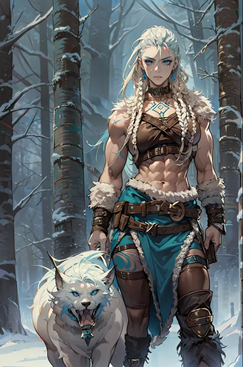 solo Female viking, (young:1.2), (muscular:1.2), fit, wearing brown furs and hides, (wearing furs:1.3) (blue norse tattoos:1.2),...