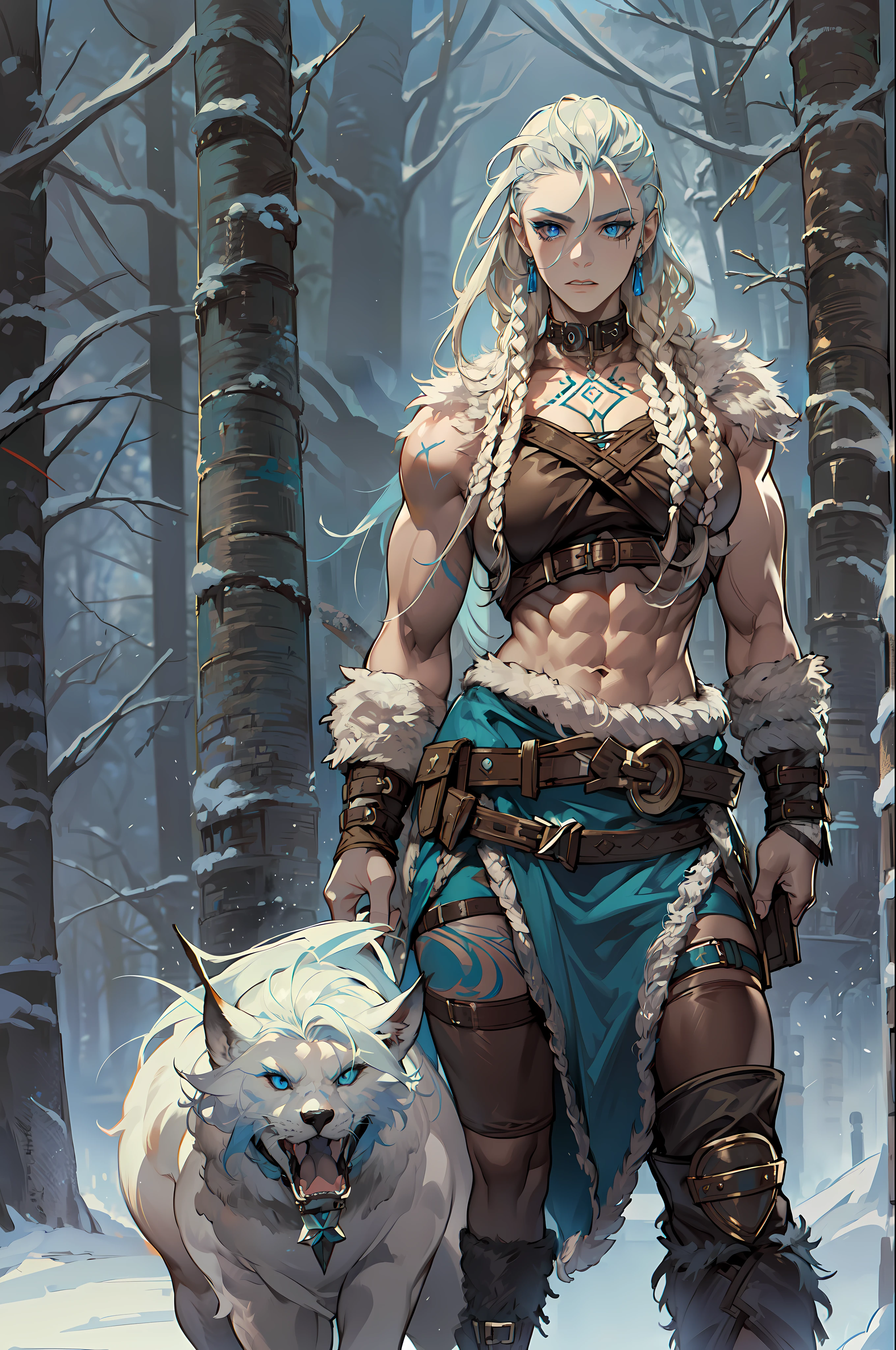 solo Vikingo femenino, (joven:1.2), (muscular:1.2), adaptar, vistiendo pieles y cueros marrones, (Llevar pieles:1.3) (blue nórdico tattoos:1.2), blue eyes, cabello rubio platino, (rastas:1.7), (temores:1.4), (afeitado:1.6), Cabello guerrero, El entorno es un bosque escandinavo en invierno, nieve, brazos desnudos, Naval expuesto, (abdominales:1.2). muy detallado, nórdico, frenético, músculos del brazo, músculos de las piernas, (voluminoso:1.2), correas de cuero, (pechos grandes:1.3), cintura para arriba, cintura ancha, rechoncho, (Alto:1.4)