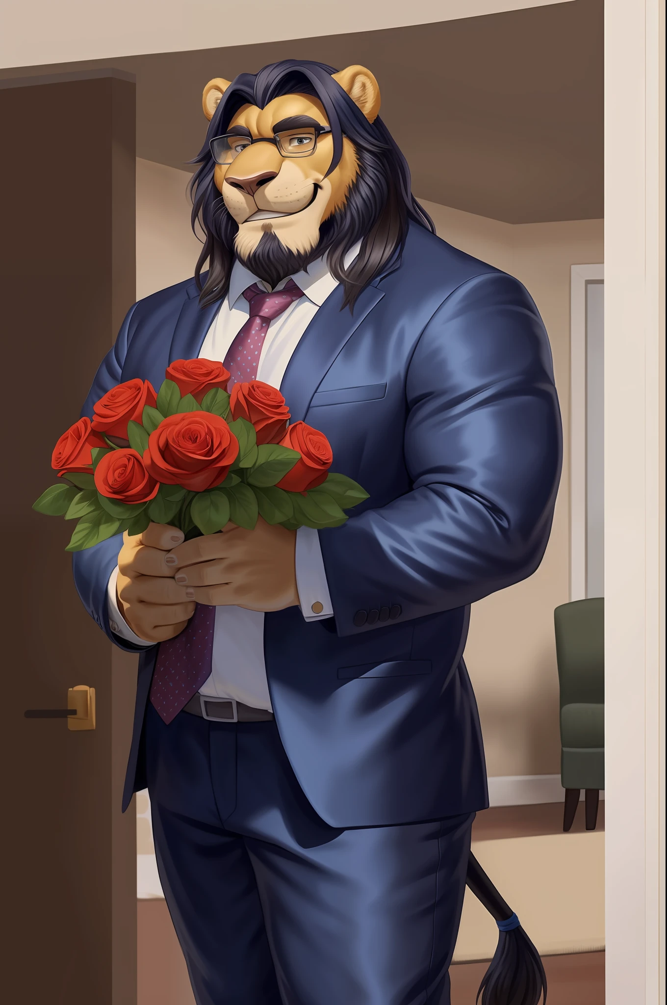 old chubby lion, accessory, anthro, glasses, (dark blue long hair:1.3), seductive look, bedroom eyes, smirk, looking at viewer, facial hair, inside, indoors, entering house, bouquet, clothing, countershading, flower, rose bouquet,holding bouquet, holding flower, holding object, male, mane, petals, pockets, rose, smile, solo, business suit,  (hi res, best quality, high quality, detailed, shaded, shading, masterpiece:),(by rossciaco, by adios)