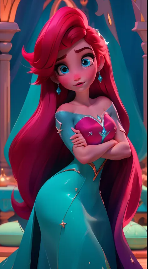 Elsa-Ariel Fusion, Mesclando modelos, melting, Roupas da Ariel, 1girl, Beautiful, character, Woman, female, (master part:1.2), (melhor qualidade:1.2), (sozinho:1.2), ((pose de luta)), ((campo de batalha)), cinemactic, olhos perfeitos, pele perfeita, perfec...