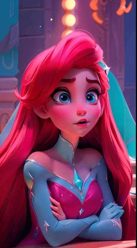 Elsa-Ariel Fusion, Mesclando modelos, melting, Roupas da Ariel, 1girl, Beautiful, character, Woman, female, (master part:1.2), (melhor qualidade:1.2), (sozinho:1.2), ((pose de luta)), ((campo de batalha)), cinemactic, olhos perfeitos, pele perfeita, perfec...