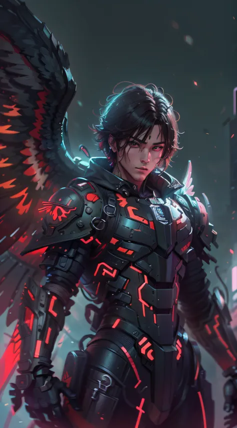 anime - style image of a male angel with black armor and ,(((red neon wings))), Artstation contest winner, fantasy art,short hair ,d deity, epic, extremely detailed artgerm, detailed fanart, detailed anime character art.,(((super realistic))),((hyper tech)...
