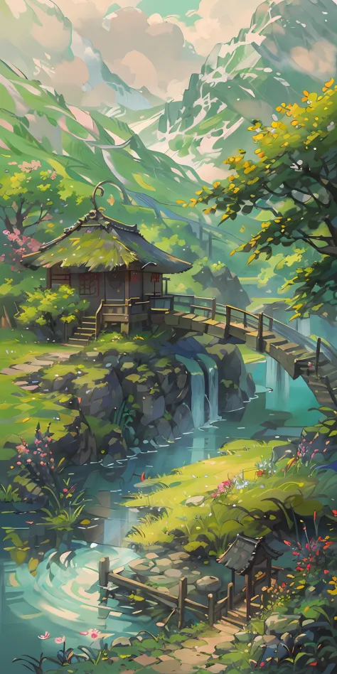 Chinese Antiquity、thatched hut、springtime、jungles、lakes、hole in the mountains、waterfallr，The tree、grassy fields、Rochas、hot onsen、hydrosphere、（illustratio：1.0）、Epic composition、Realistic lighting、high definition detail、tmasterpiece、Best quality，（非常详细的 CG 统一...