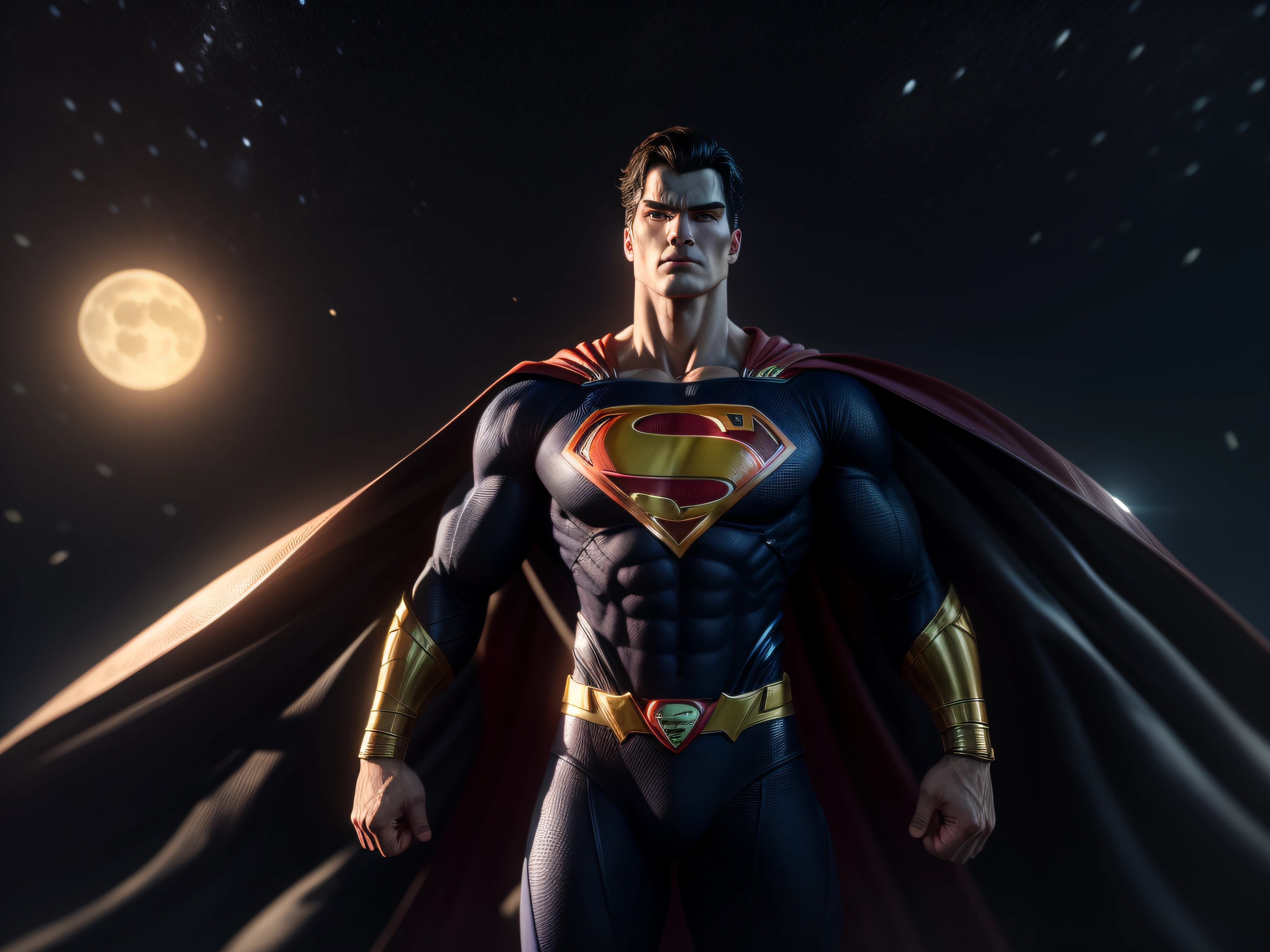 Close a powerful threat, The imposing appearance of the powerful Superman dressed in black and gold uniform, menacing stare, ricamente detalhado, Hiper realista, 3D-rendering, obra-prima, NVIDIA, RTX, ray-traced, Bokeh, Night sky with a huge and beautiful full moon, estrelas brilhando, 8k,