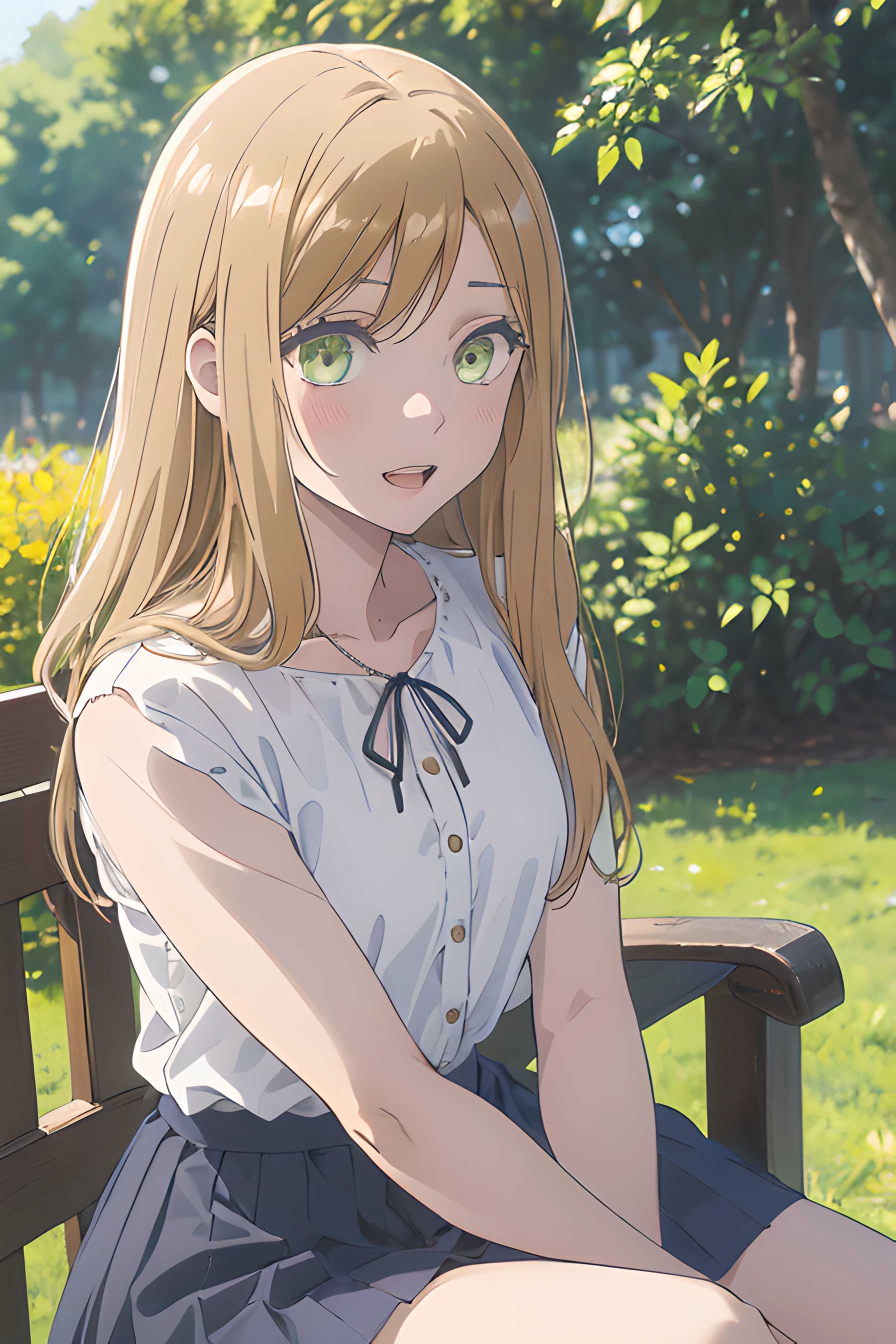 4k, raw camera, highres, detailed, masterpiece, portrait, aesthetic, beautiful, best quality, highly detaile, best quality clothing, aesthetic clothings, professional angle, rule of thirds, Feminine, delicate, beautiful, 19 years, attractive, solo, 1 girl, (Akane Kinoshita), (In the Park), (Upper Body), ((Front)), ( People in the Background), ((Very Happy)), (Long Hair, Blonde Hair, Very Straight Hair, Shiny Hair Hair, - in hair), (Open Eyes, Light Green Eyes, Black Eyeliner Eyes, Cheerful Gaze), Soft Skin, (Flushed), ((Sitting)), -, Beautiful Bracelet, (Half Open Mouth), (Natural Lips), (Small Breast), ((Arms Down)), ((casual shirt), Skirt , - , (High Quality Clothing), (- Neckline), beautiful body, beautiful eyes, shiny eyes, shiny hair, beautiful mouth, beautiful lips, beautiful face