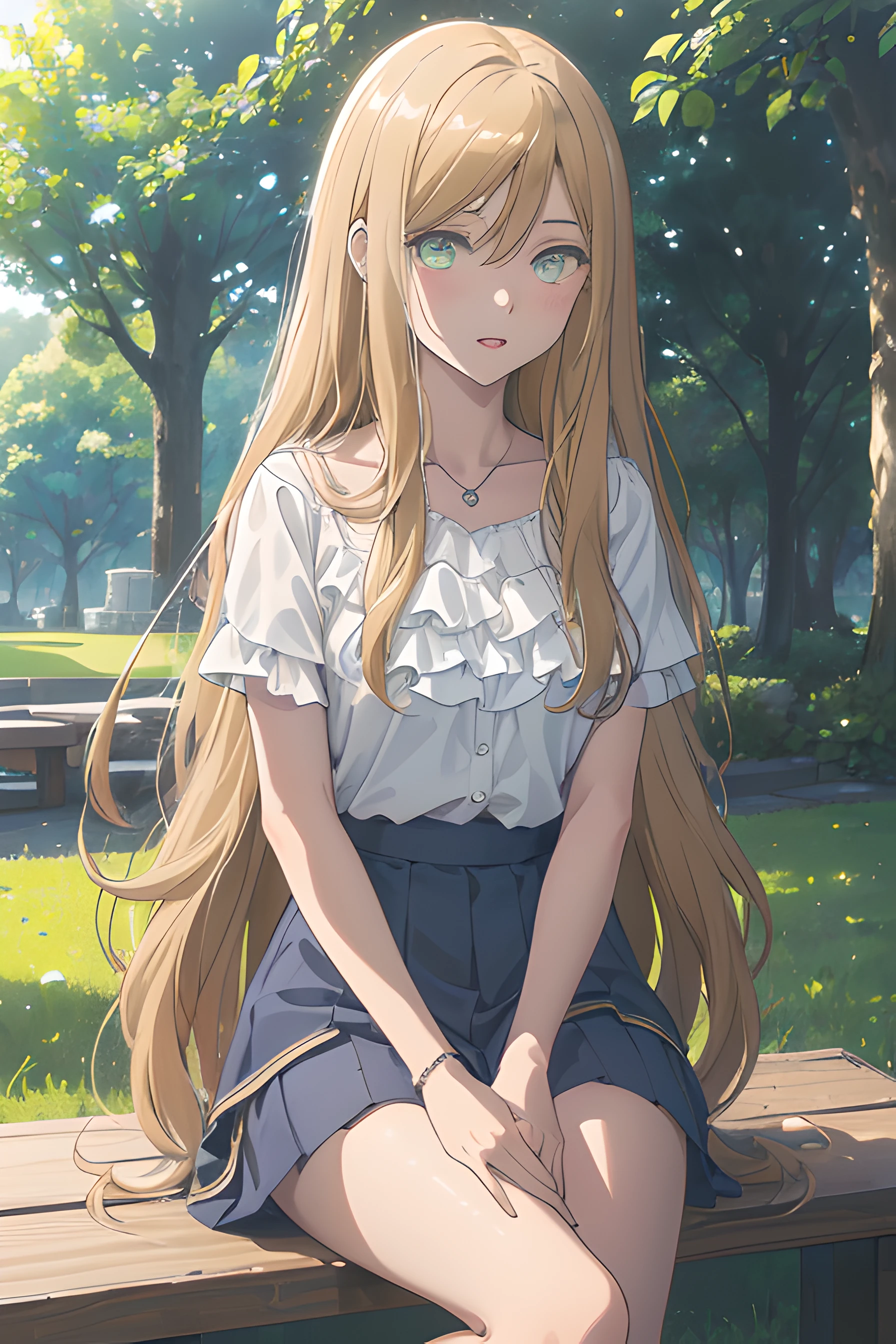 4k, raw camera, highres, detailed, masterpiece, portrait, aesthetic, beautiful, best quality, highly detaile, best quality clothing, aesthetic clothings, professional angle, rule of thirds, Feminine, delicate, beautiful, 19 years, attractive, solo, 1 girl, (Akane Kinoshita), (In the Park), (Upper Body), ((Front)), ( People in the Background), ((Very Happy)), (Long Hair, Blonde Hair, Very Straight Hair, Shiny Hair Hair, - in hair), (Open Eyes, Light Green Eyes, Black Eyeliner Eyes, Cheerful Gaze), Soft Skin, (Flushed), ((Sitting)), -, Beautiful Bracelet, (Half Open Mouth), (Natural Lips), (Small Breast), ((Arms Down)), ((casual shirt), Skirt , - , (High Quality Clothing), (- Neckline), beautiful body, beautiful eyes, shiny eyes, shiny hair, beautiful mouth, beautiful lips, beautiful face