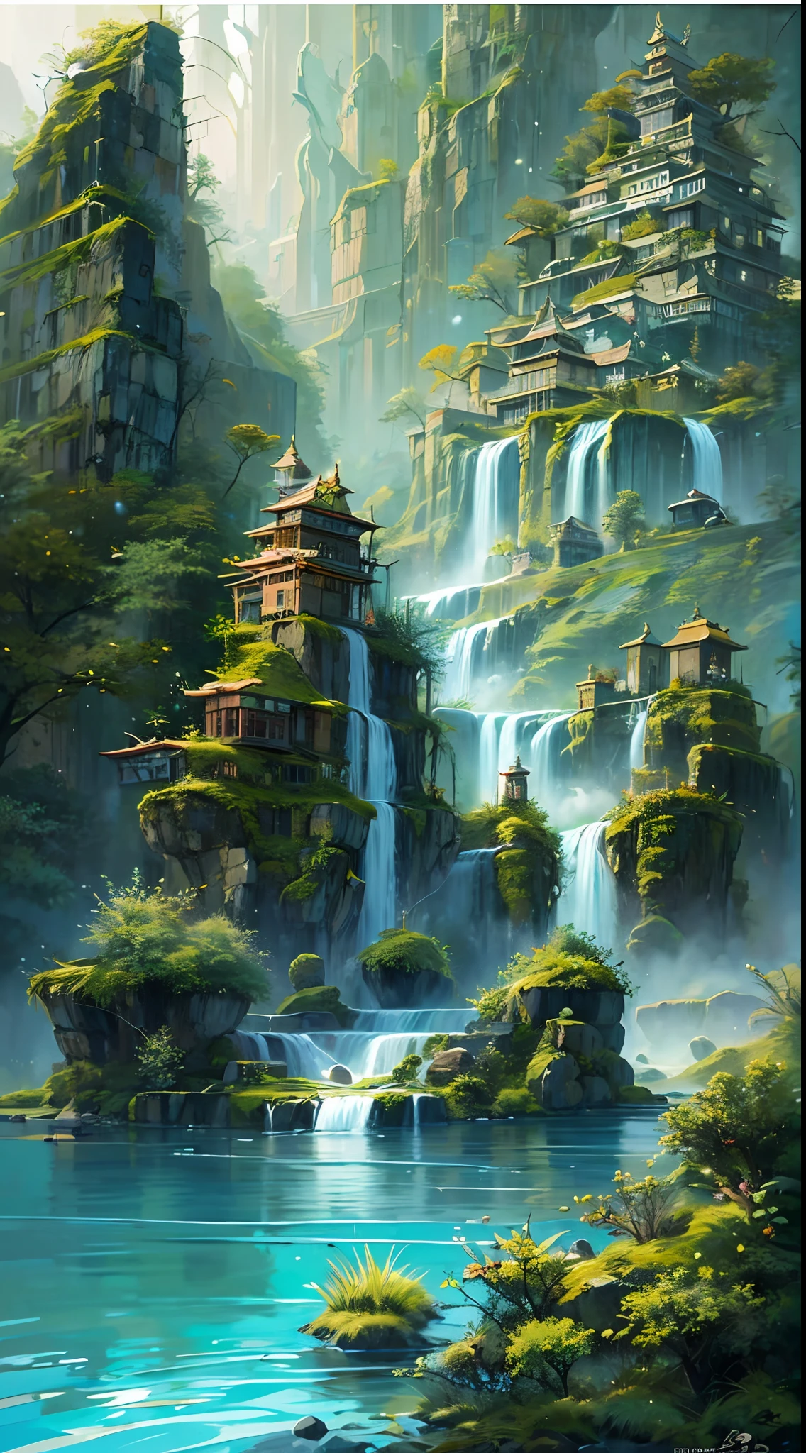 a 杰作 of nature，令人惊叹的山峰，森林深处，有 "翡翠海、叠瀑、彩琳、雪峰、蓝冰、藏式爱情 "六大绝色美女，它享有 "童话世界"，由于水景的多样性, 有一句话是 "九寨归来不看水"。杰作, 最好的质量, 极其详细, 最佳阴影，8千，官方艺术