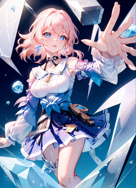 march 7th \(honkai: star rail\), 1girl, blue eyes, blue skirt, breasts, detached sleeves, earrings, ice, jewelry, long sleeves, ...