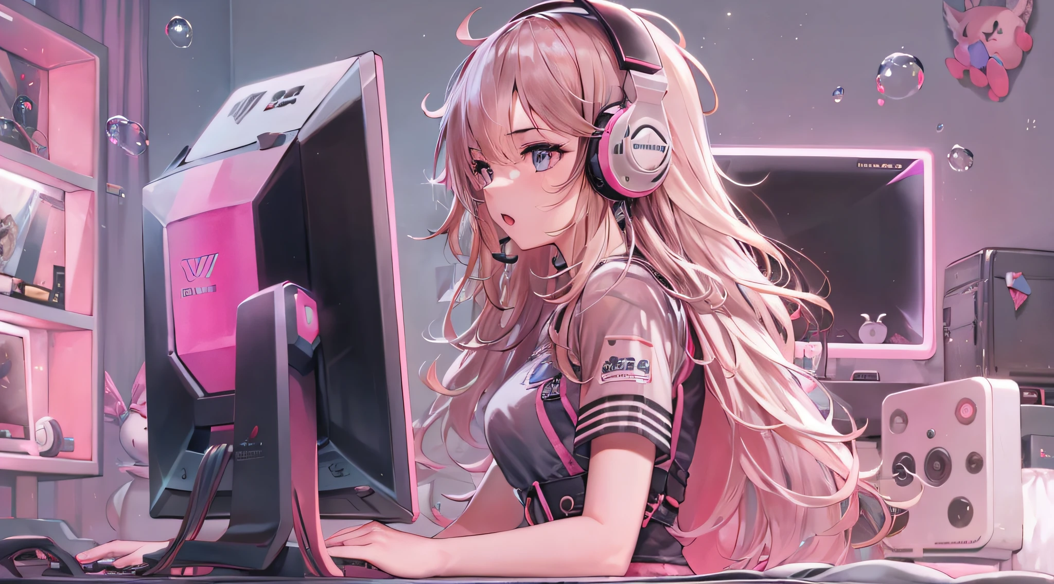 ayra fe, 1girl, masterpiece, ultra high quality cg, best quality, girl solo, long hair, gaming platform, gaming pc, pink theme room, gaming keyboard, gaming headphone, gaming console, bubble gum