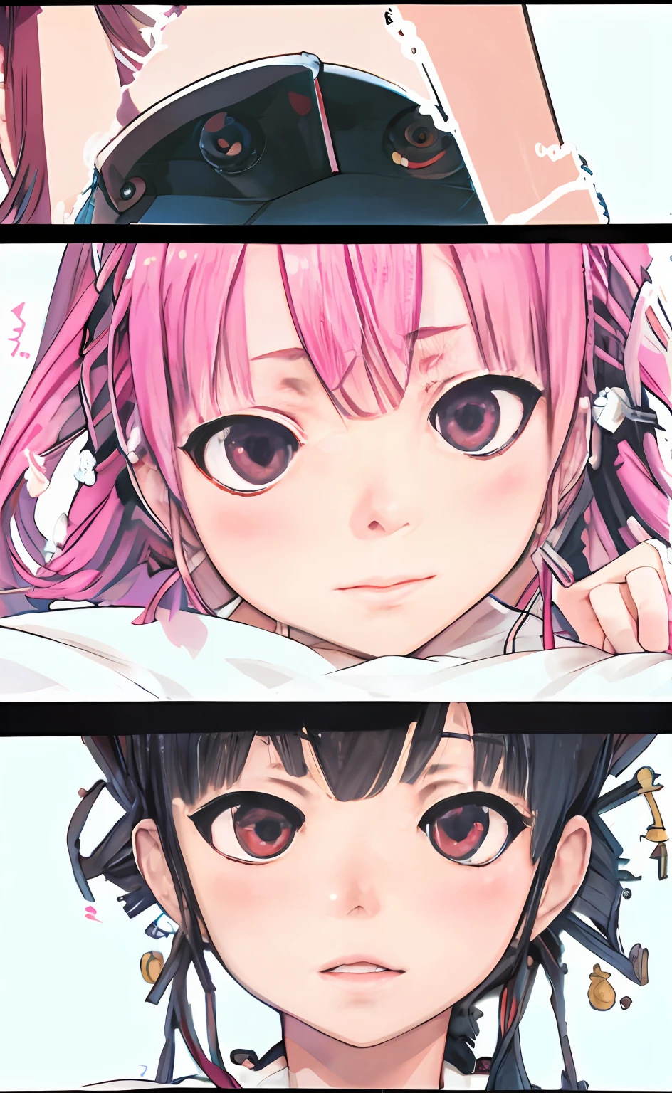 Anime characters with pink hair and black eyes are staring at something -  SeaArt AI