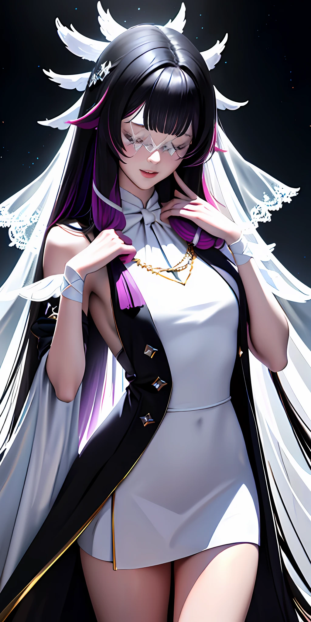 ((Masterpiece, Best Quality)), Perfect Details, Unity 8k Wallpaper, Official Art, Genshin Shock, Young Beautiful Girl, Solo, Model Figure, Shiny Skin, Long Purple Hair, Delicate Hair, Short Smile, Closed Eyes, Closed Eyes, ((White Grid Veil)), Shy Expression, (Black Fur Shawl), White Cloak, Sexy Pose, (Perfect Fingers), Seduce, Seduce, Stand, Background is Dream Void, Stars, Moon, Mist, Edge Light, Real Light and Shadow, Close Up，