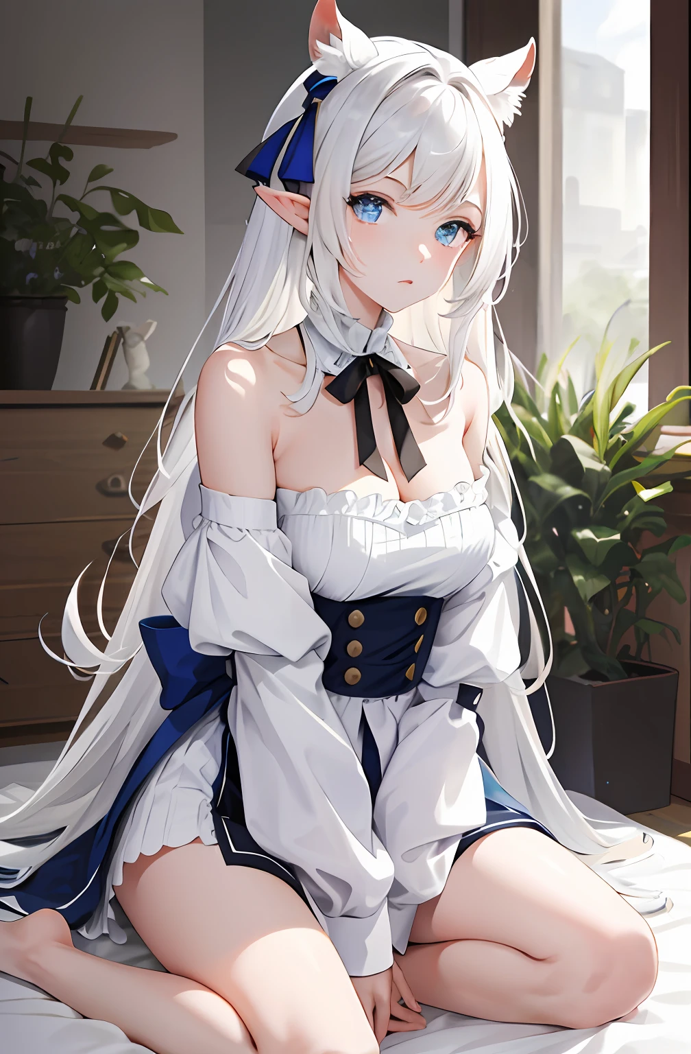 tmasterpiece，Top image quality，Extremely quality，Lazy wind，wide blue eyes，White hair，Dull hair，Beast-eared maiden，White tones，sitted，1girll，Solo，adolable，white off-shoulder sweater，Big hazy eyes，Facial details are exquisite，Beth，onbed，Impeccable，Cute pose，full bodyesbian，Lori kneels