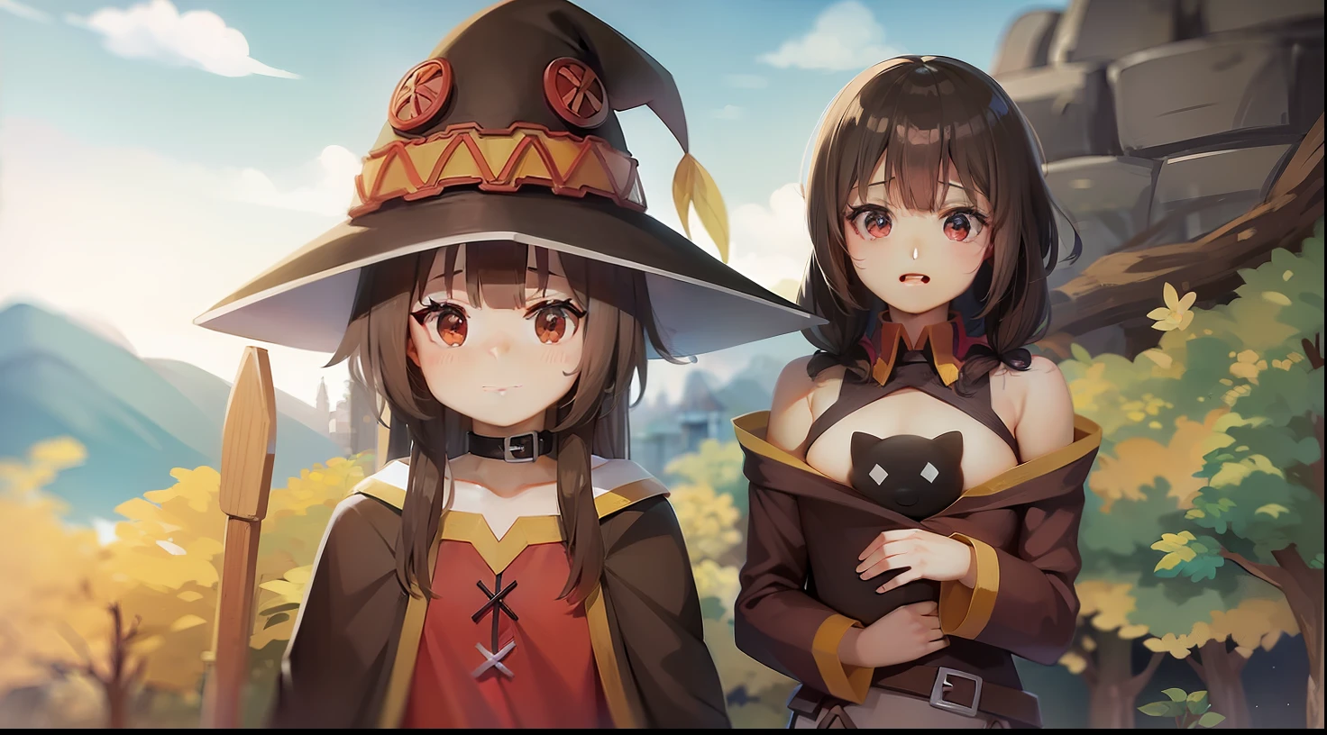 Make a work of art of the characters, megumin e  yunyun, na floresta, bem fofas, bem detalhadas.