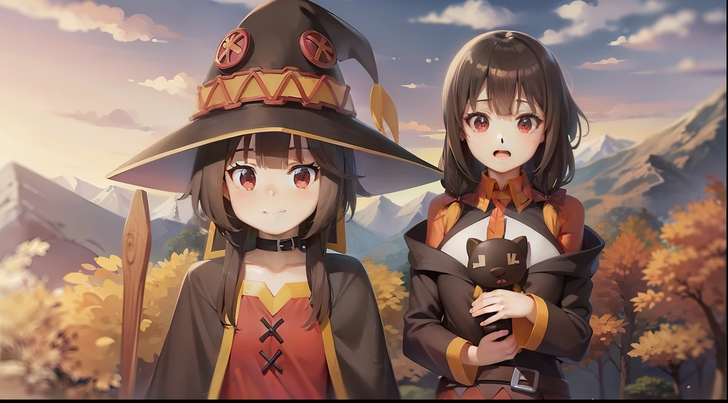 Faça uma obra de arte dos personagens, Megumin e Yunyun, na floresta, bem fofas, bem detalhadas.