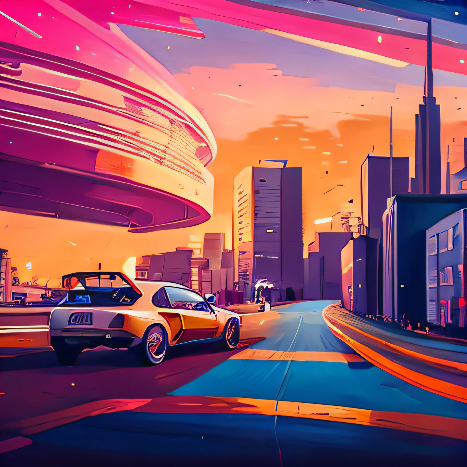 a car driving down a city street with a futuristic building in the background, stylized digital illustration, art deco outrun anime aesthestic, estilo de arte outrun, estilo e cores outrun, in illustration style digital, kilian eng cores vibrantes, kilian eng cores vibrantes, arte retrowave, arte digital estilizada, Epic retrowave art, rua futurista da cidade