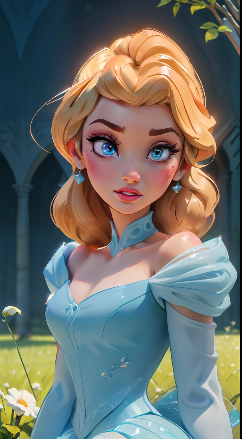 Elsa-Cinderella Fusion, Mesclando modelos, melting, Roupas da Cinderella, 1girl, Beautiful, character, Woman, female, (master part:1.2), (melhor qualidade:1.2), (sozinho:1.2), ((pose de luta)), ((campo de batalha)), cinemactic, olhos perfeitos, pele perfeita, perfect lighting, sorrir, luz, cor, pele texturizada, detalhe, Beleza, maravilha, ultra-detalhado, rosto perfeito