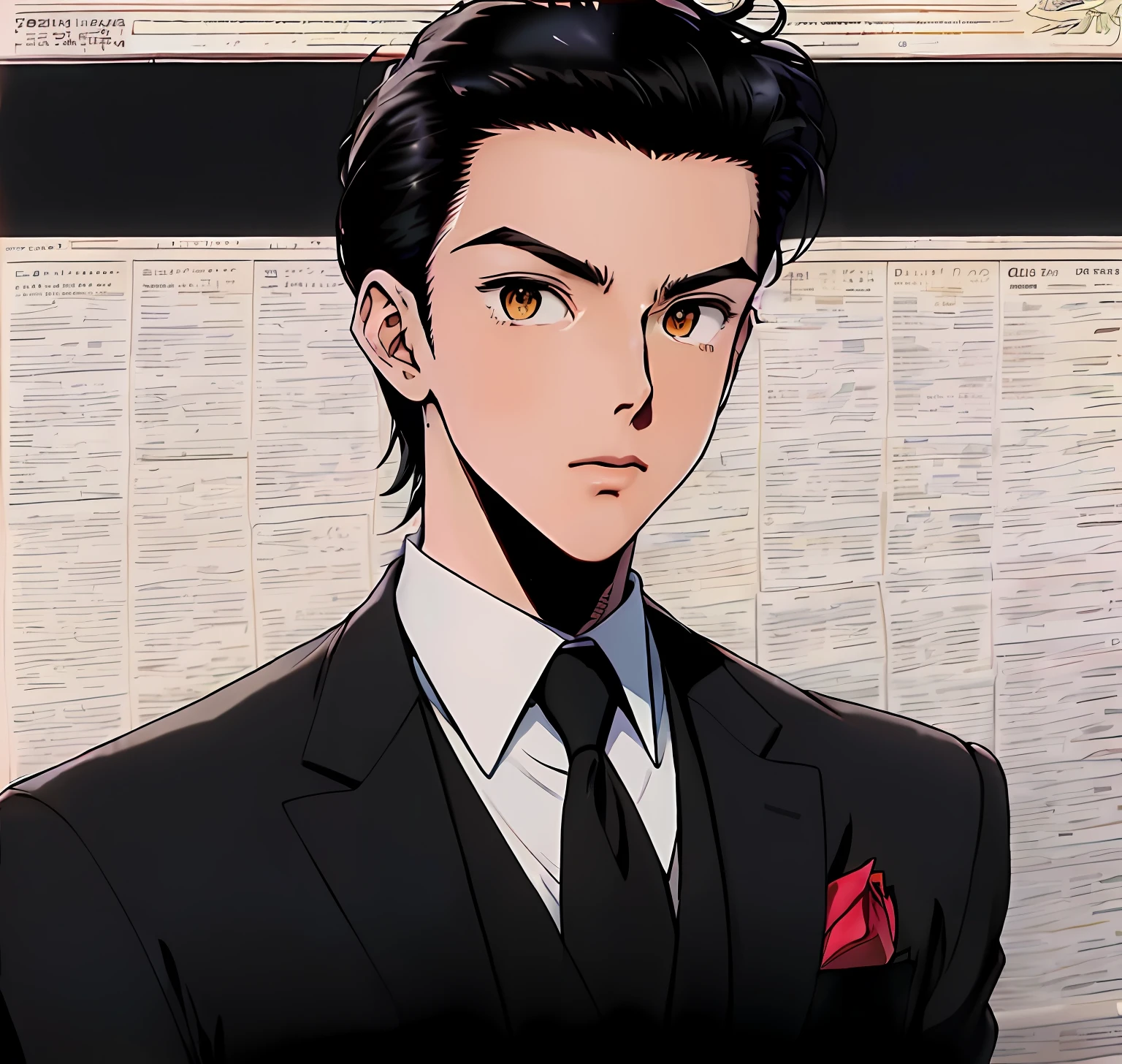 un primer plano de un hombre con traje y corbata，Una rosa roja estaba clavada en su cabello, kentaro miura manga art style, arte oficial, Fénix Wright, kentaro miura manga style, tsurumaki kazuya, in Fénix Wright ace attorney, hombre guapo anime, estilo abogado as, imagen de anime shuushuu