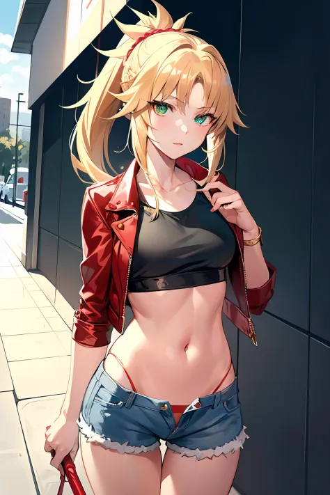 masterpiece, best quality, illustration, city street, 1girl, mordred \(fate\), cowboy shot, skinny, collarbone, detailed blonde ...