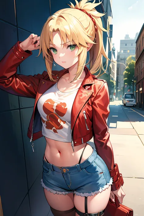 masterpiece, best quality, illustration, city street, 1girl, mordred \(fate\), cowboy shot, skinny, collarbone, detailed blonde ...