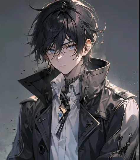 (masterpiece, best quality:1.2), black trench coat, White shirt, ((male focus)), ((1boy)), young man, anime style, Manly face, h...