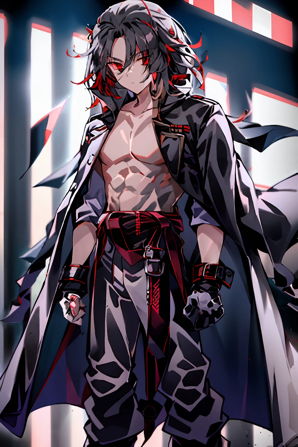 only, teenage boy, male, waist length hair, black hair, red eyes, full body, black boots, dark trench coat, white gloves, light skin tone, muscular body