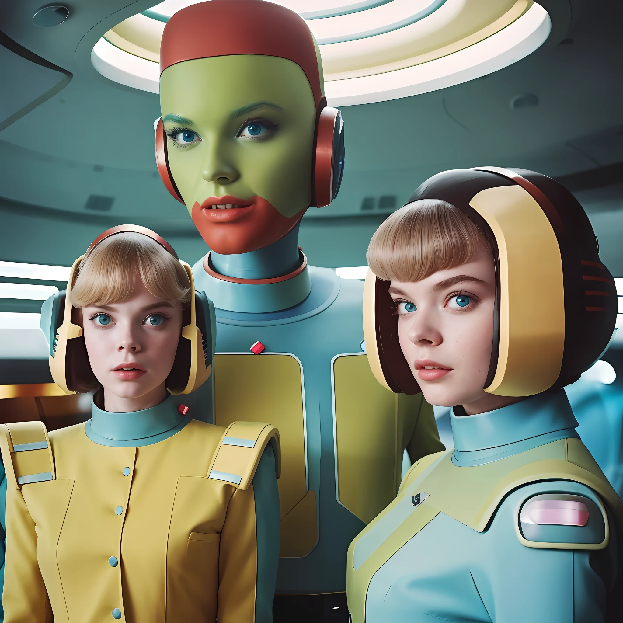 There are three women in futuristic costumes next to each other, 7 0's vintage sci - estilo fi, retro futuristic style, Retro Futuristic Fashion, Retro Sci - Imagem de FI, 5 0's vintage sci - estilo fi, futuristic retro, Elle Fanning como um androide, retro-futurista, retro - futuristic, 1 9 5 0 Futuristas, Bela Sci - Fi-twins
