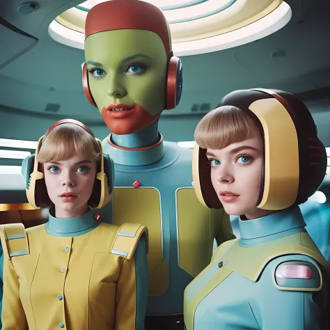 There are three women in futuristic costumes next to each other, 7 0's vintage sci - estilo fi, retro futuristic style, Retro Fu...