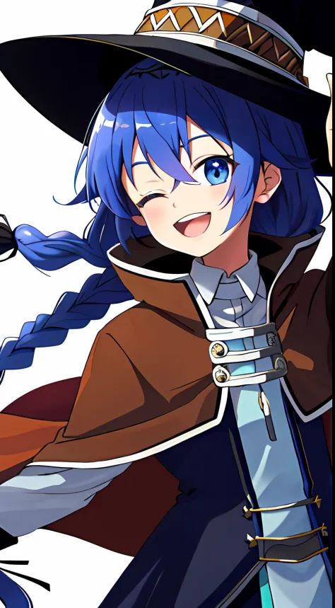 roxy migurdia, Masterpiece, Best quality, Very detailed background, hand on own cheek, Open mouth, Eyes closed, clench one's teeth, Smile, arms back behind, bangs, Black tiara, Blue eyes, Blue hair, Braid, Brown cape, Cape, Floating hair, hair between eye,...